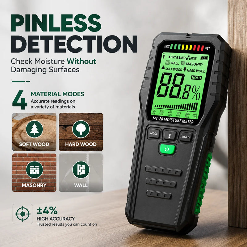 Humidimètre sans aiguille bois & mur – 19 mm, écran LCD, précision ±4%