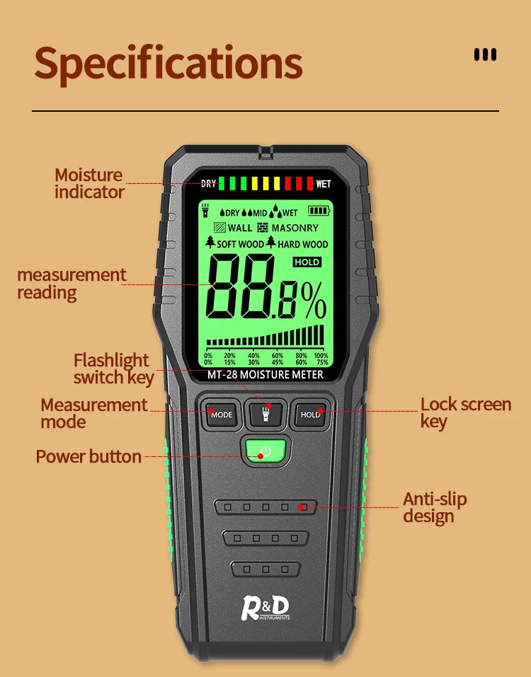 Humidimètre sans aiguille bois & mur – 19 mm, écran LCD, précision ±4%