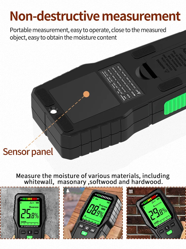 Humidimètre sans aiguille bois & mur – 19 mm, écran LCD, précision ±4%