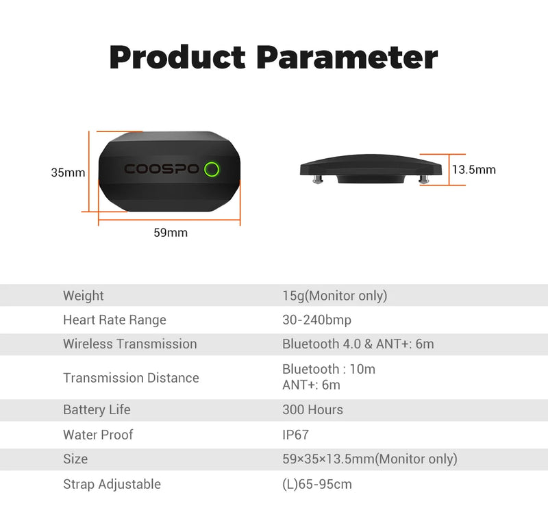 Ceinture cardio COOSPO H808S – Bluetooth & ANT+, Garmin, Wahoo, Zwift, vélo