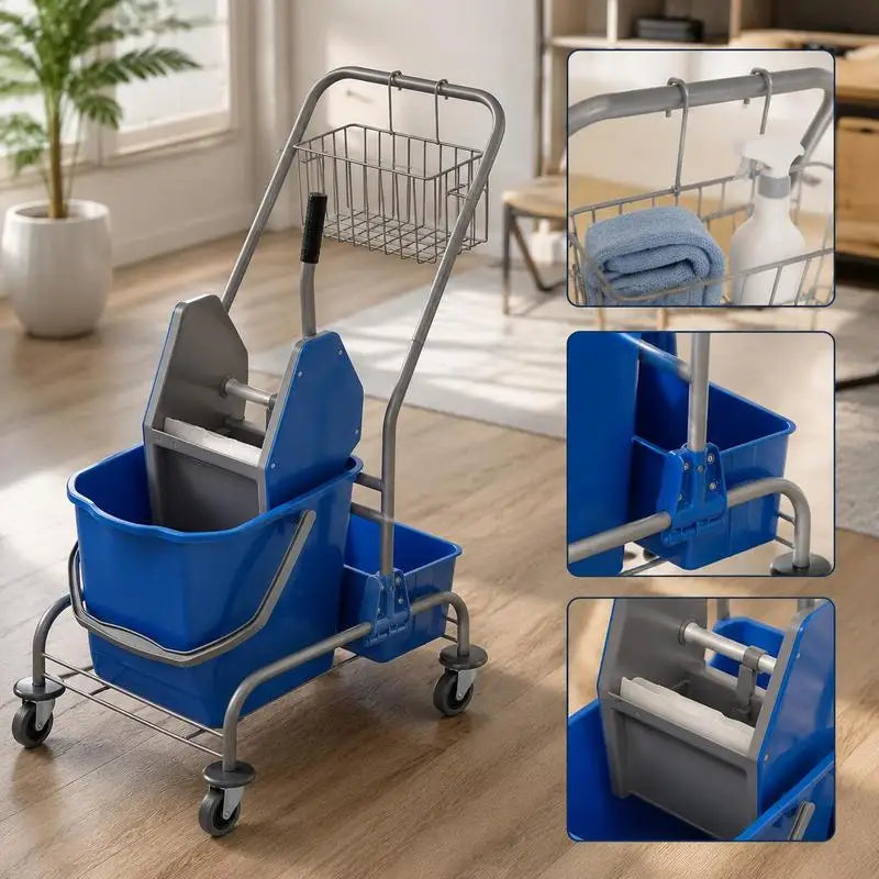 Chariot de nettoyage professionnel 25 L – 4 roues, extracteur, panier de rangement