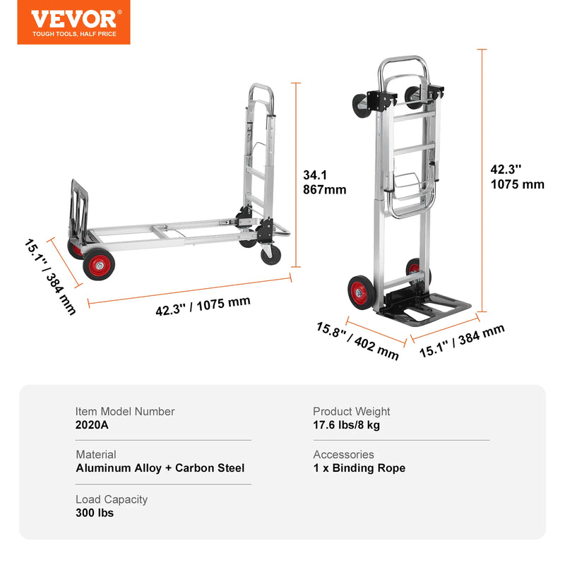 Chariot à main pliant 2-en-1 SucceBuy – 400 lbs, aluminium, 4 roues pivotantes