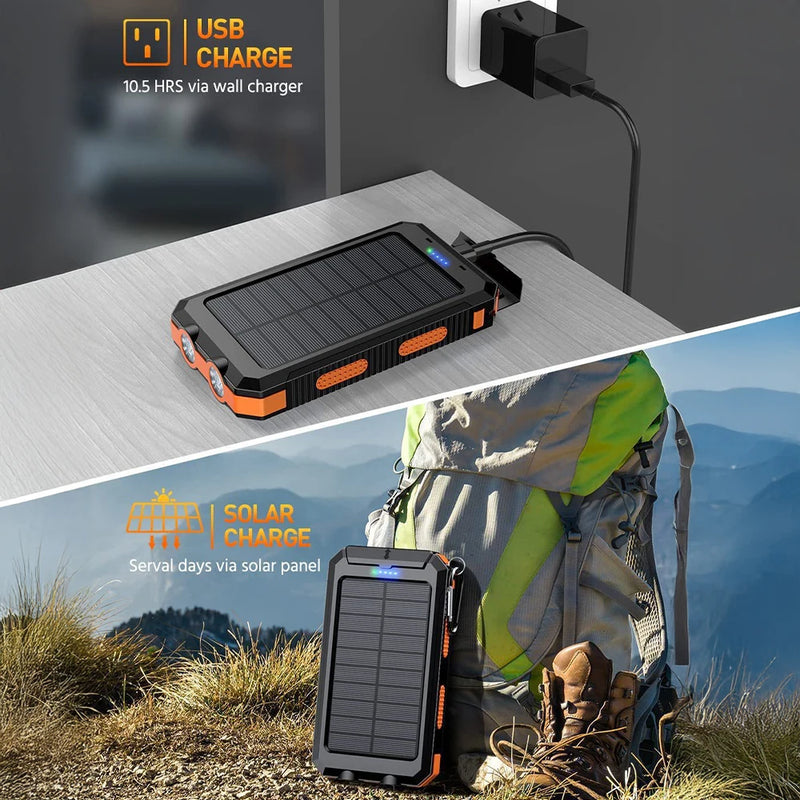Batterie externe solaire 80000 mAh – power bank étanche, lampe LED, USB
