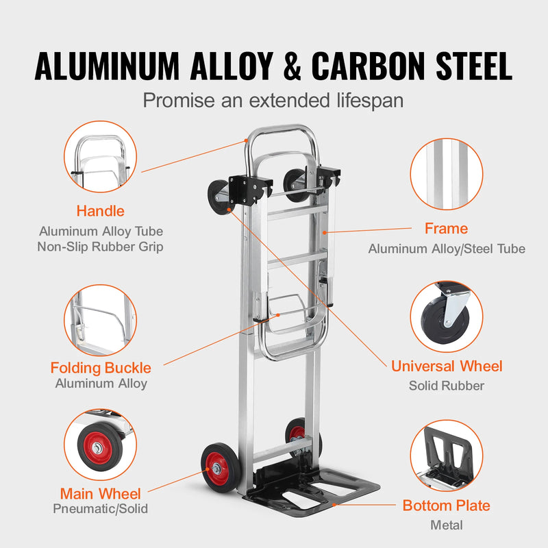 Chariot à main pliant 2-en-1 SucceBuy – 400 lbs, aluminium, 4 roues pivotantes