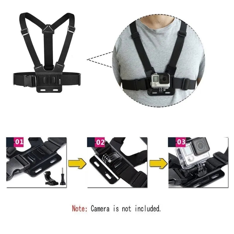 Support téléphone sangle de poitrine – fixation caméra sport, réglable, noir