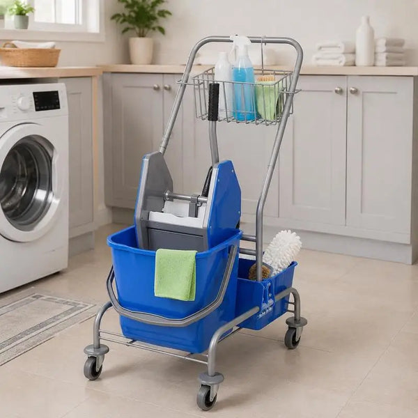 Chariot de nettoyage professionnel 25 L – 4 roues, extracteur, panier de rangement