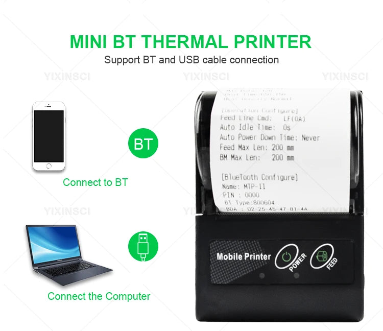 Mini-imprimante thermique portable Bluetooth 58 mm – reçus, sans encre, batterie 10h