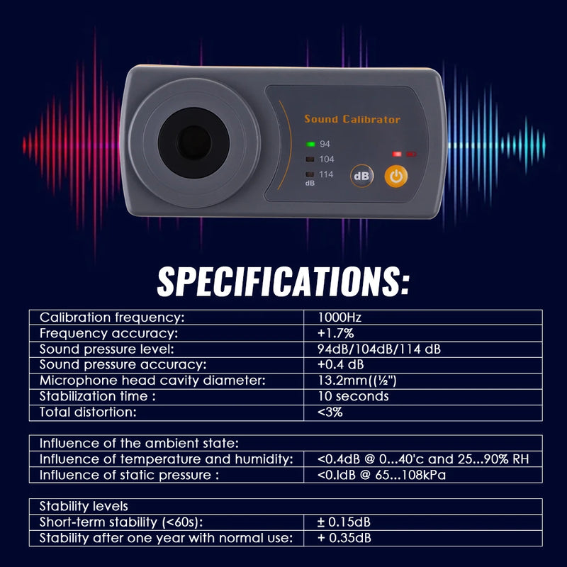 Calibrateur sonomètre 94/104/114 dB – étalonnage micro 1/2 pouce, compact
