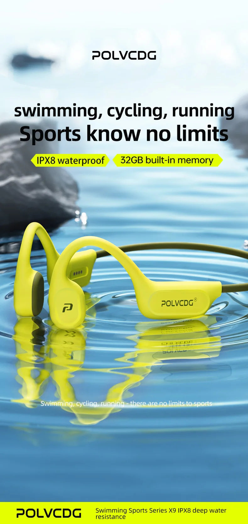 Écouteurs conduction osseuse POLVCDG X9 – IPX8 étanche, 32 Go, natation