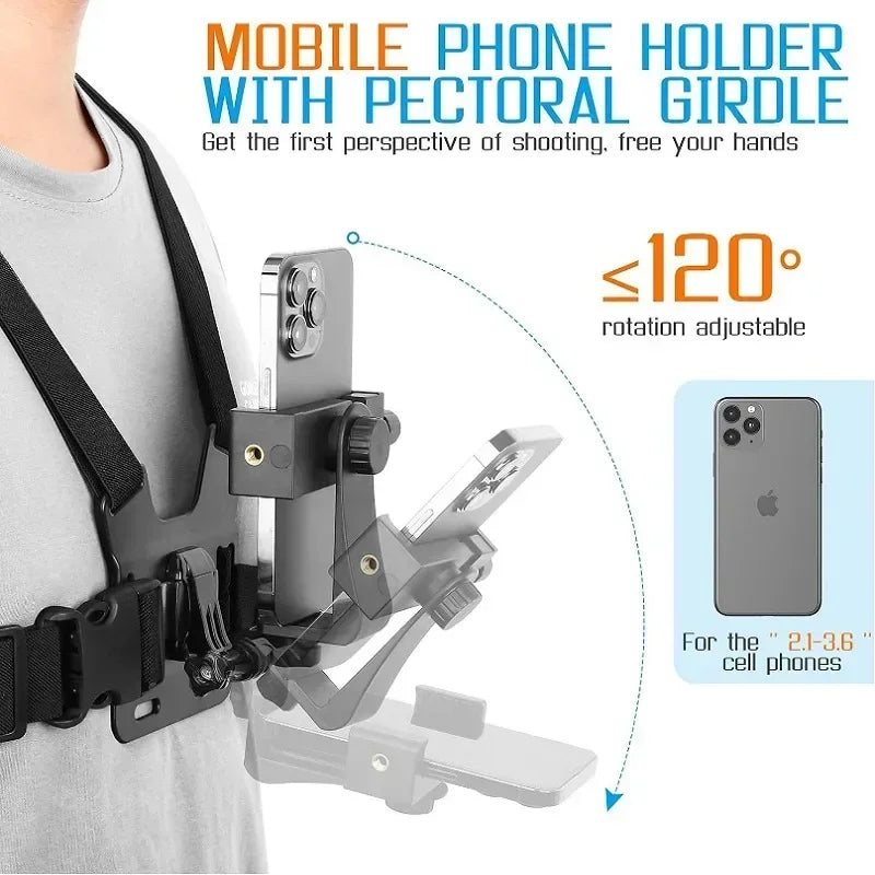 Support téléphone sangle de poitrine – fixation caméra sport, réglable, noir