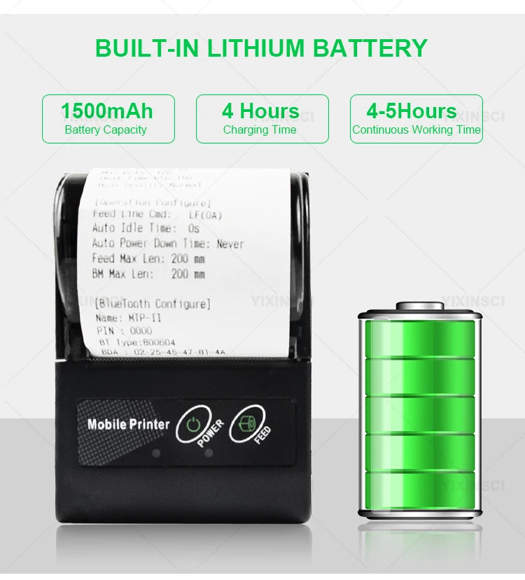 Mini-imprimante thermique portable Bluetooth 58 mm – reçus, sans encre, batterie 10h