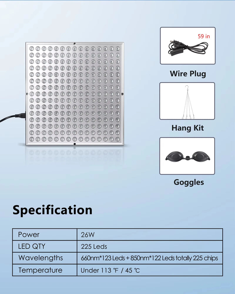 Panneau LED luminothérapie 225 diodes – lumière rouge 660nm & 850nm, visage