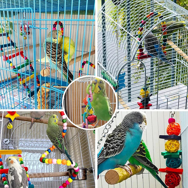 Lot de 7 jouets pour perroquet en bois – balançoire, échelle, cloches, cage
