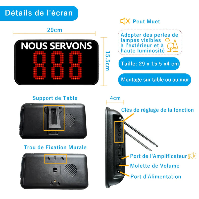 Système de file d'attente sans fil – voix française, écran 3 chiffres, tickets