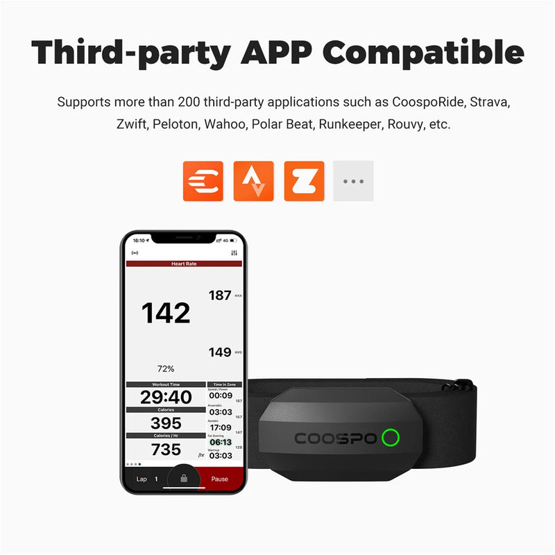 Ceinture cardio COOSPO H808S – Bluetooth & ANT+, Garmin, Wahoo, Zwift, vélo