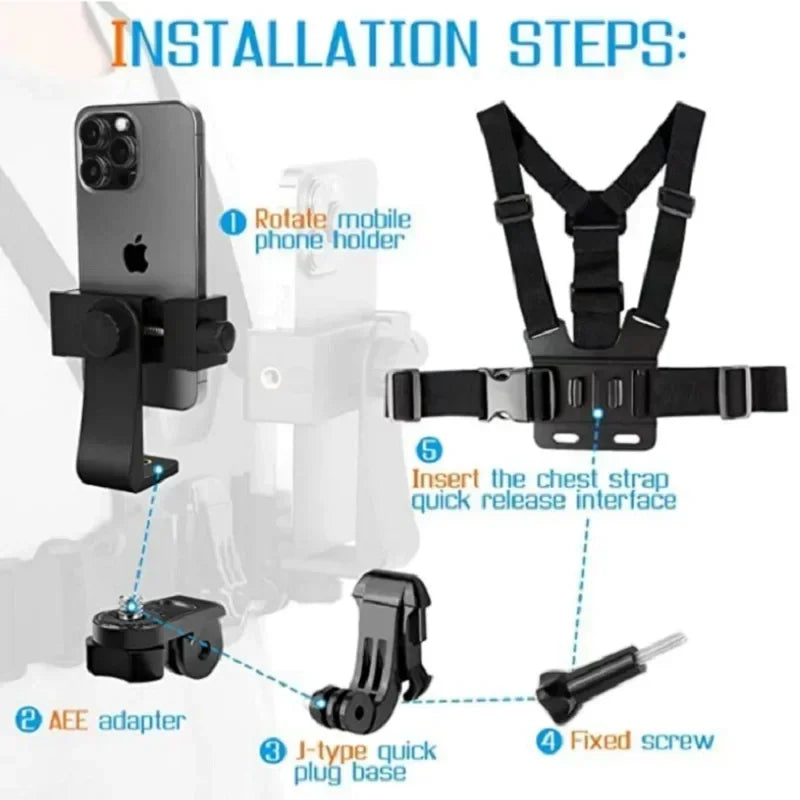 Support téléphone sangle de poitrine – fixation caméra sport, réglable, noir