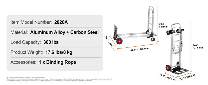 Chariot à main pliant 2-en-1 SucceBuy – 400 lbs, aluminium, 4 roues pivotantes