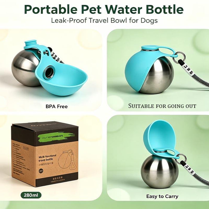 Gourde 2-en-1 pour chien 280 ml – bouteille d'eau nomade avec gamelle intégrée, acier inoxydable, anti-fuite
