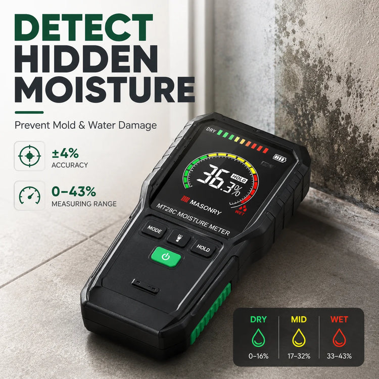 Humidimètre sans aiguille bois & mur – 19 mm, écran LCD, précision ±4%