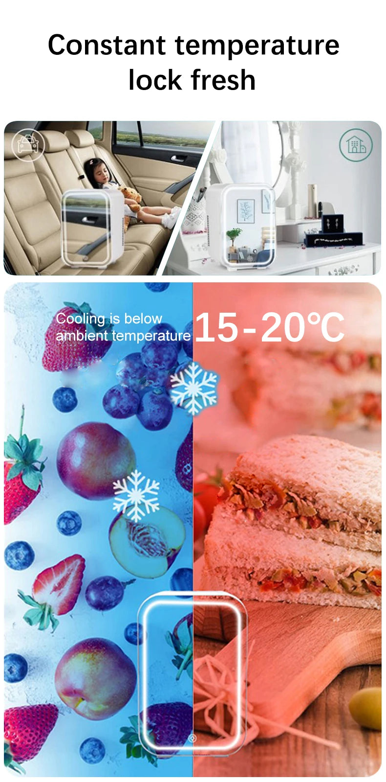 Mini réfrigérateur 4L cosmétiques – portable, chaud & froid, voiture, miroir