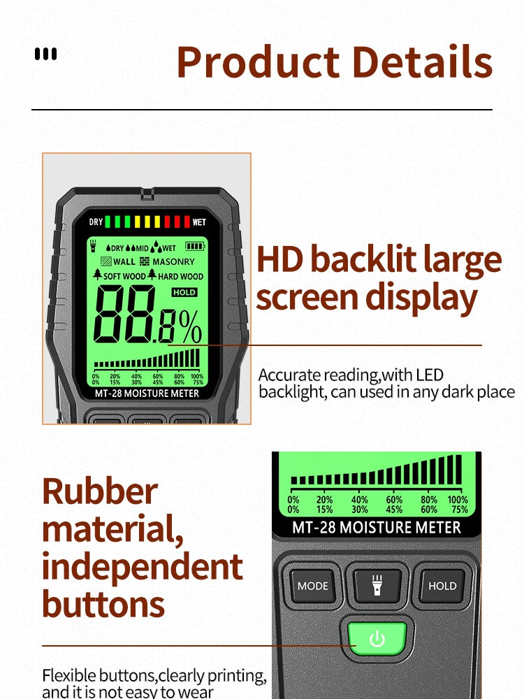 Humidimètre sans aiguille bois & mur – 19 mm, écran LCD, précision ±4%