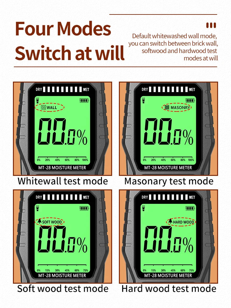 Humidimètre sans aiguille bois & mur – 19 mm, écran LCD, précision ±4%