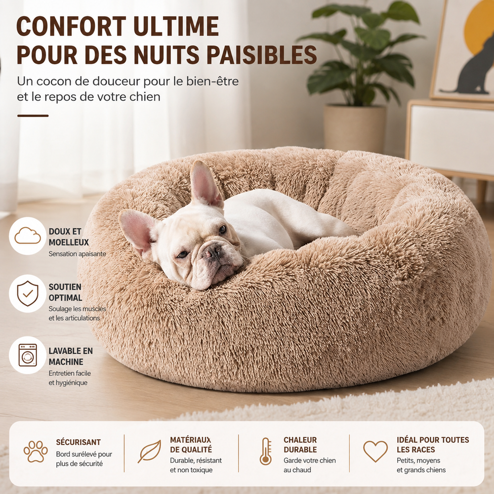 Lit rond en peluche pour chien & chat – panier anti-anxiété moelleux, lavable, 40 cm