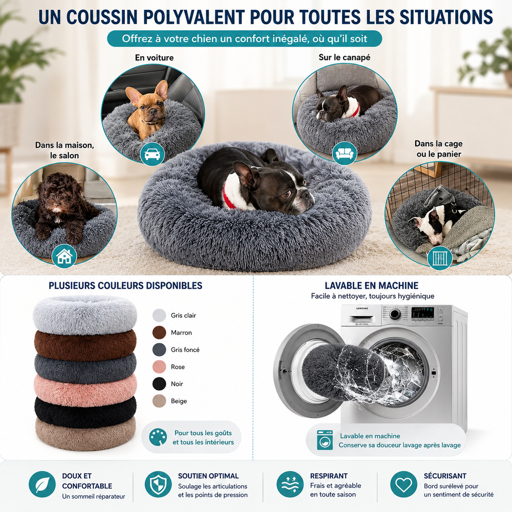 Lit rond en peluche pour chien & chat – panier anti-anxiété moelleux, lavable, 40 cm