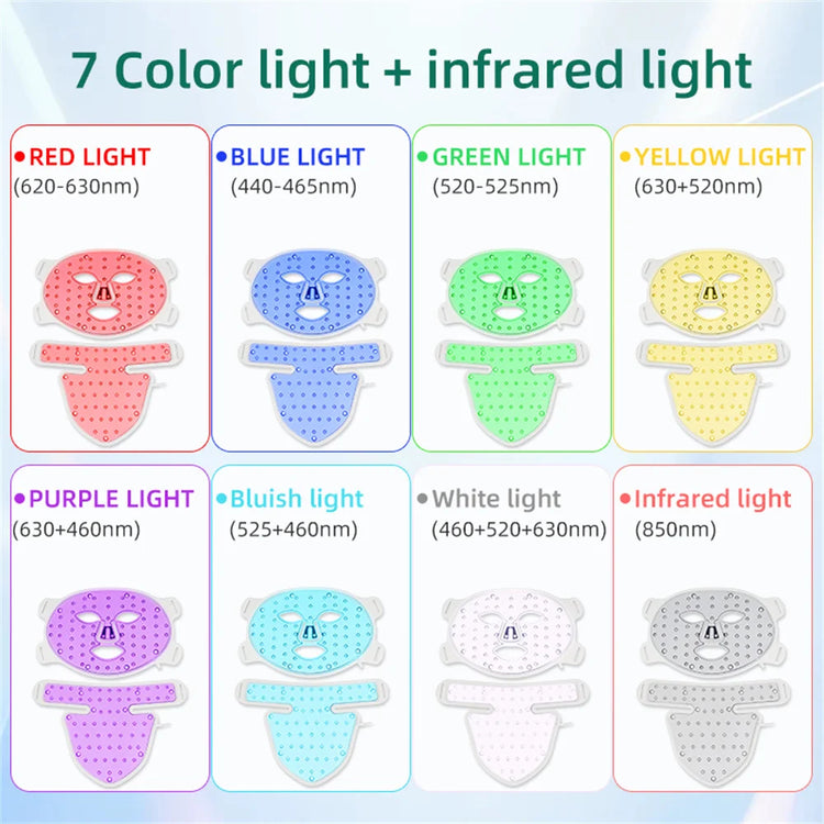 Masque LED visage & cou 8 couleurs – luminothérapie anti-âge, acné, rides