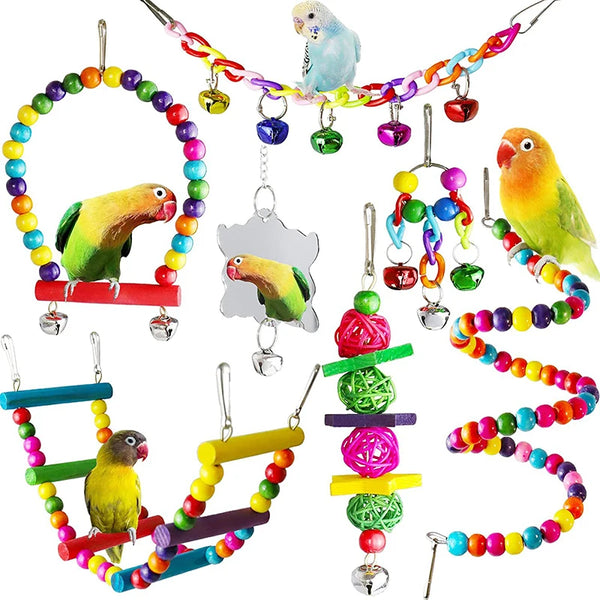Lot de 7 jouets pour perroquet en bois – balançoire, échelle, cloches, cage