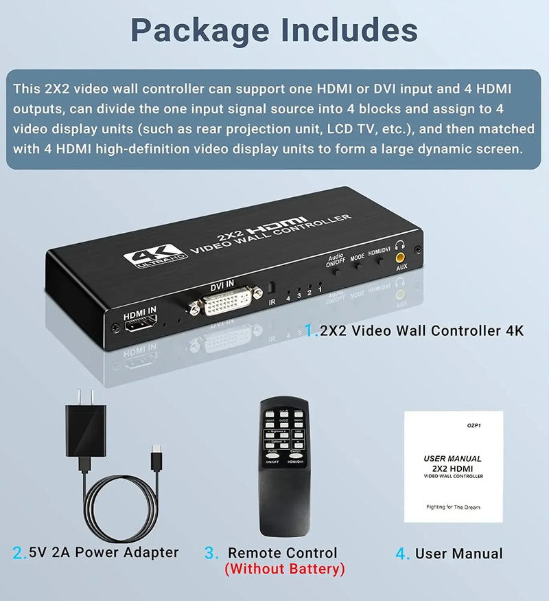 Contrôleur mur d'images 2x2 4K HDMI DVI – processeur multi-écrans 1x2 1x4 3x1