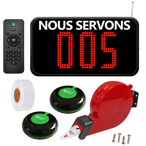 Système de file d'attente sans fil – voix française, écran 3 chiffres, tickets