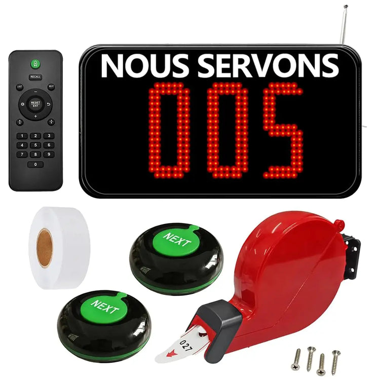 Système de file d'attente sans fil – voix française, écran 3 chiffres, tickets