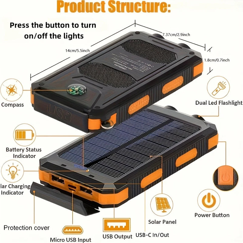 Batterie externe solaire 80000 mAh – power bank étanche, lampe LED, USB