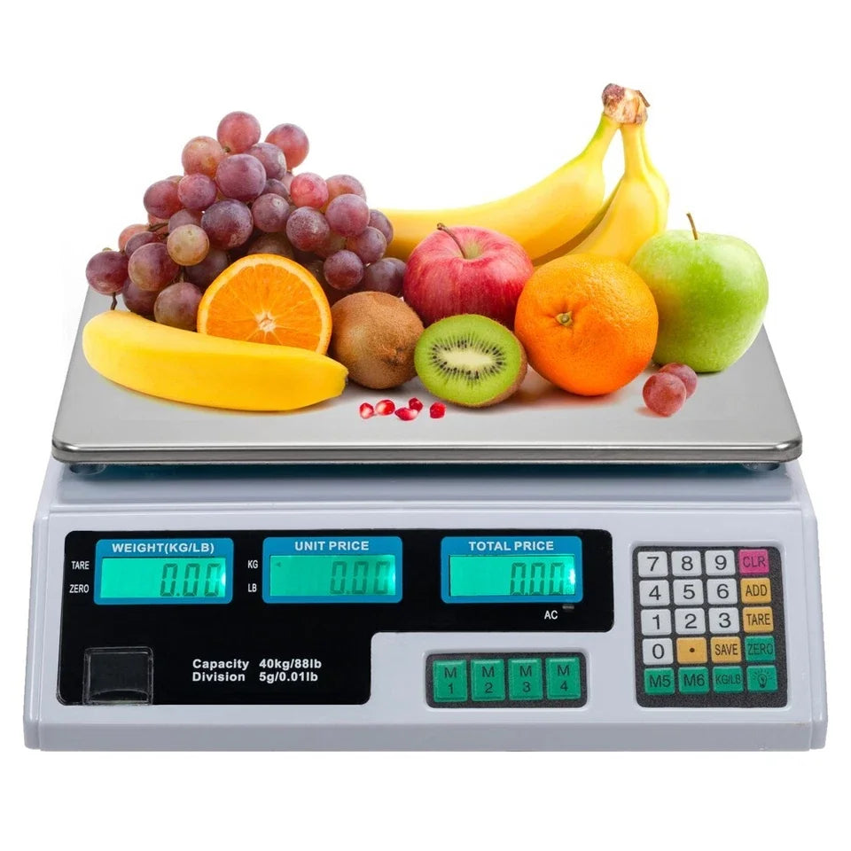 Balance commerciale numérique 40 kg – triple affichage, tare, calcul de prix