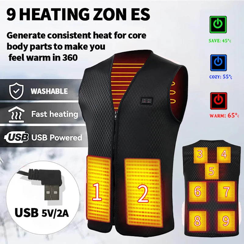 Gilet chauffant USB graphène – veste chauffante unisexe, camping, hiver