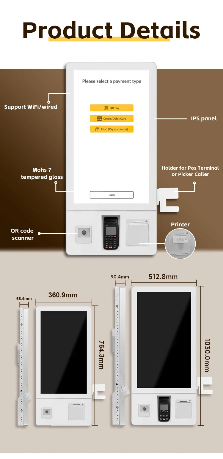Kiosque de commande tactile 24/27/32" – borne POS restauration rapide