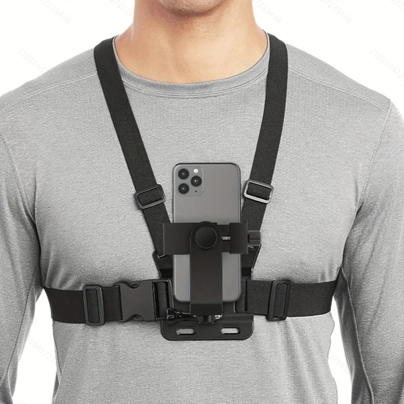 Support téléphone sangle de poitrine – fixation caméra sport, réglable, noir
