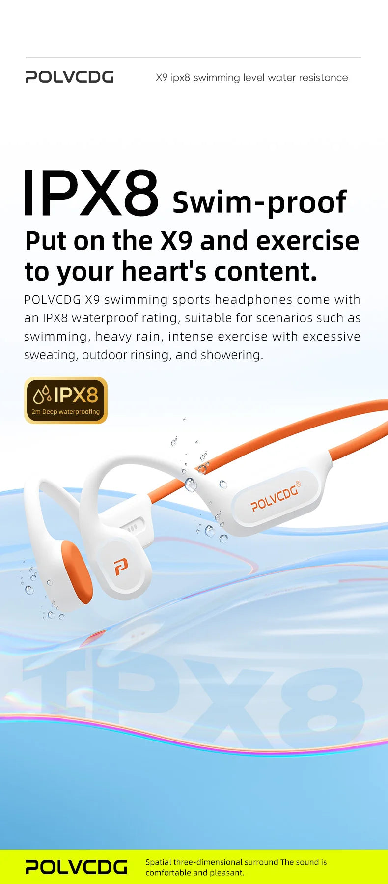 Écouteurs conduction osseuse POLVCDG X9 – IPX8 étanche, 32 Go, natation