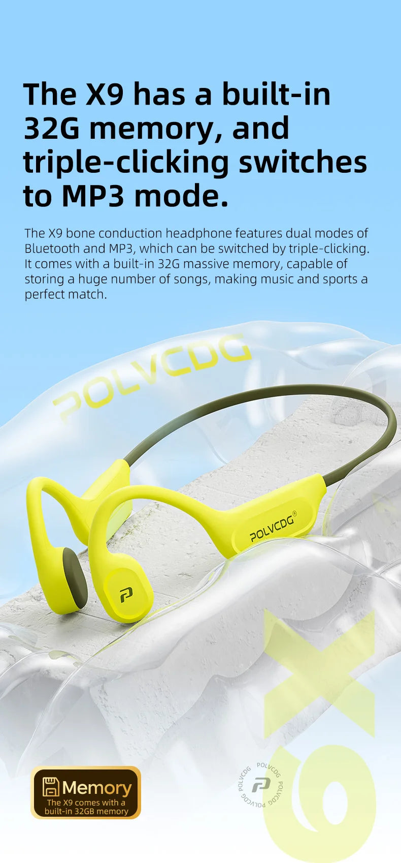 Écouteurs conduction osseuse POLVCDG X9 – IPX8 étanche, 32 Go, natation