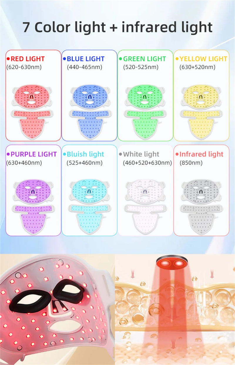 Masque LED visage & cou 8 couleurs – luminothérapie anti-âge, acné, rides