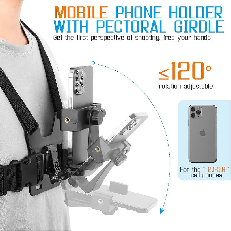 Support téléphone sangle de poitrine – fixation caméra sport, réglable, noir