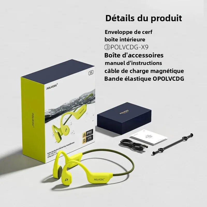 Écouteurs conduction osseuse POLVCDG X9 – IPX8 étanche, 32 Go, natation