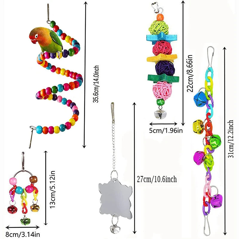 Lot de 7 jouets pour perroquet en bois – balançoire, échelle, cloches, cage