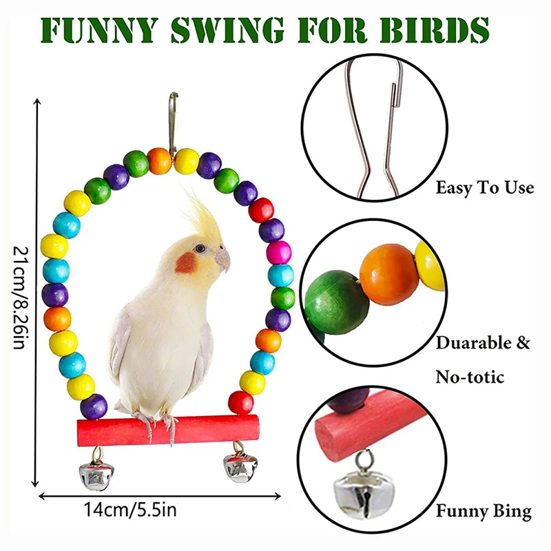 Lot de 7 jouets pour perroquet en bois – balançoire, échelle, cloches, cage