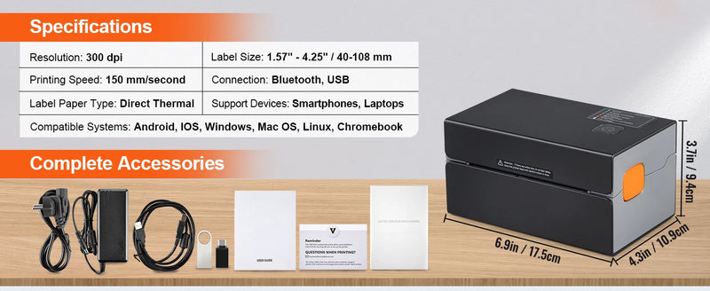 Imprimante d'étiquettes thermique 4x6 300 dpi – Bluetooth, 150 mm/s, expédition