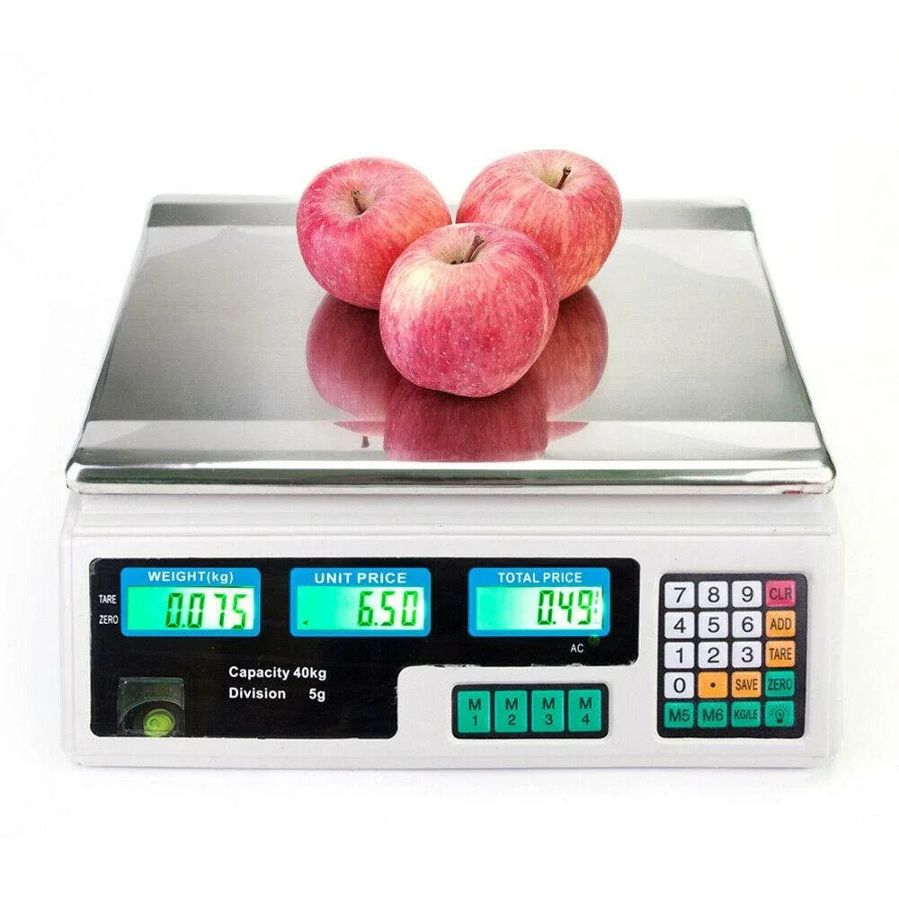 Balance commerciale numérique 40 kg – triple affichage, tare, calcul de prix