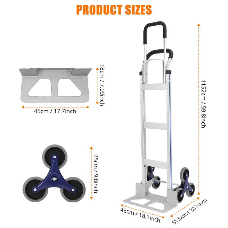 Diable monte-escaliers HiMISS en aluminium – 250 kg, convertible, roues triangulaires