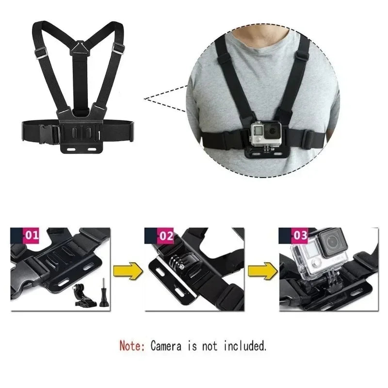 Support téléphone sangle de poitrine – fixation caméra sport, réglable, noir