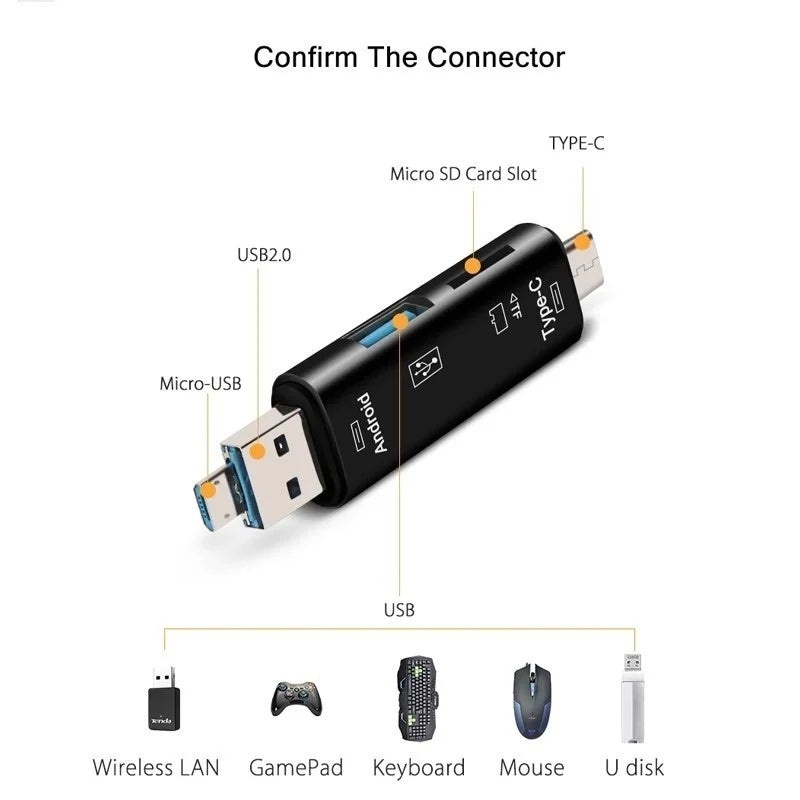 Lecteur carte mémoire 5 en 1 – USB, Type-C, Micro-USB, SD, TF, OTG